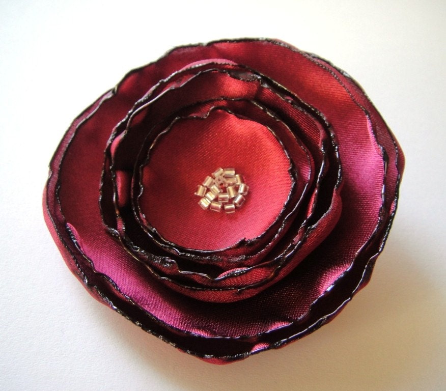 burgundy poppy rose flower brooch