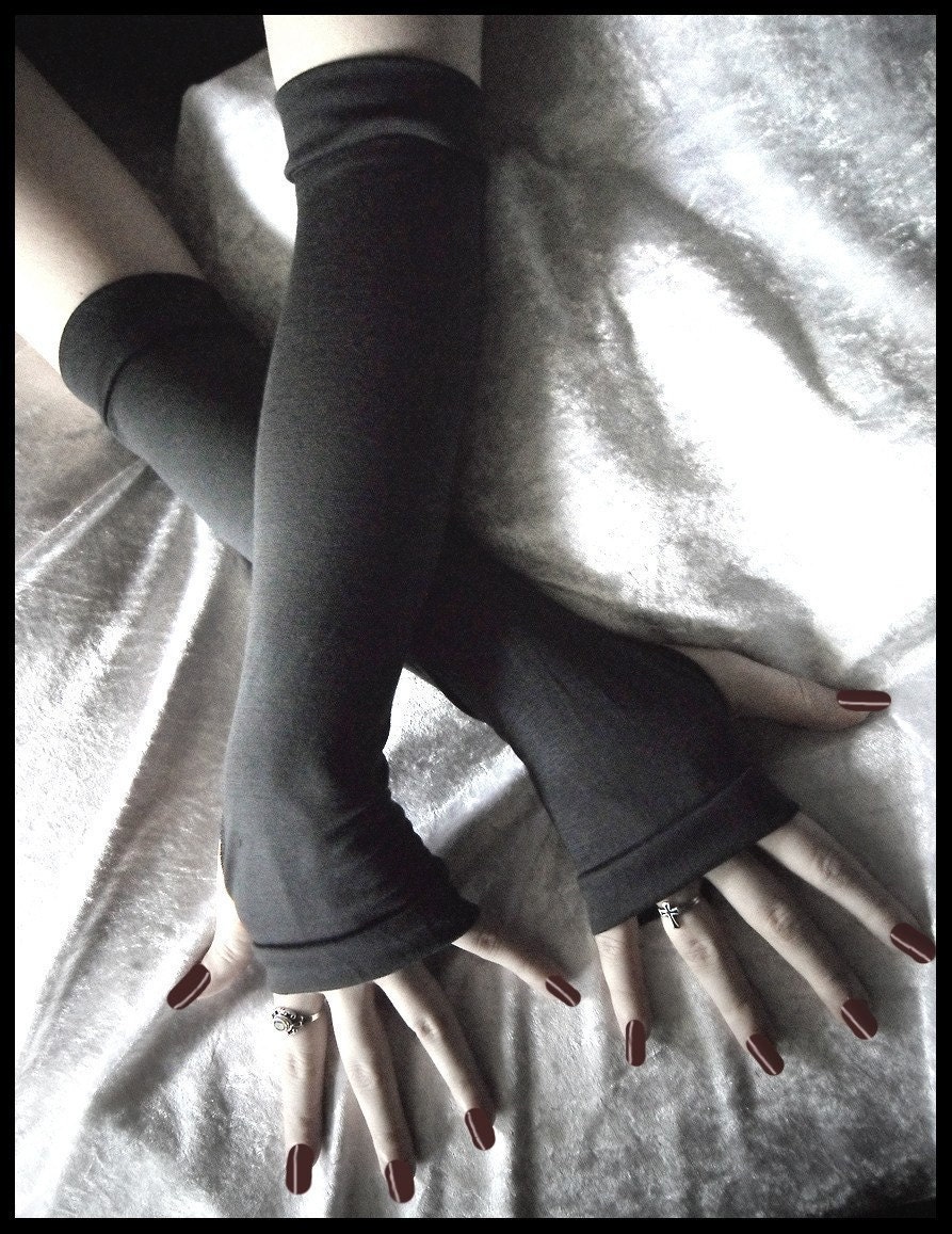 Carbon Arm Warmers - Dark Charcoal Grey Cotton - Gothic Belly Dance Tribal Vampire Chic Classic Bohemian Cycling Light Emo Gaia Yoga