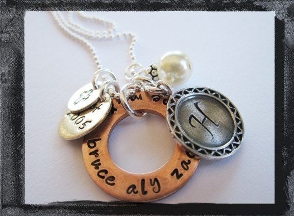 Mixed Metal Hand Stamped Necklace - Personalized Necklace Family of Faith Charm Necklace