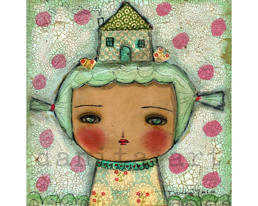 My Home Is In My Mind - Print from Original Mixed Media Collage Painting By Danita - (8x8 INCHES)