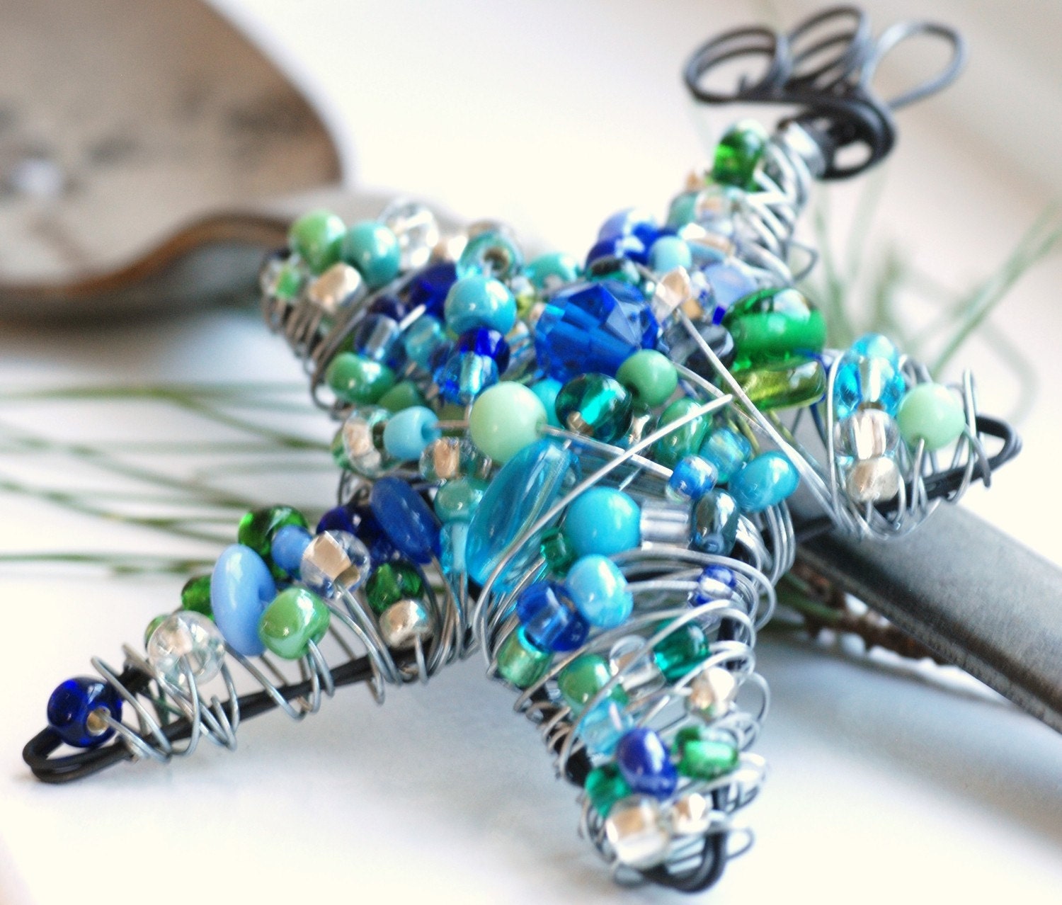 Wire Wrapped Star Beaded Ornament, Suncatcher or Decoration - Blue Christmas