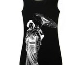 Wmns Modal Cotton Tank Dress in Black feat. JAPAN 1903 print in White - Available in S, M, L, XL