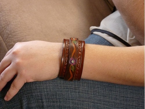 Tooled Petite Leather cuff bracelet, recycled