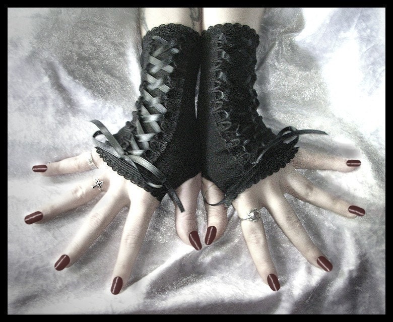 Bound Black Lolita Corset Style Fingerless Gloves Laced Up w/ Black Ribbon - EGL Kuro Wedding Belly Dance Dark Fusion Bellydance Emo Vampire