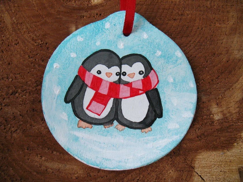 Cuddling Penguins OOAK Painted Ornament