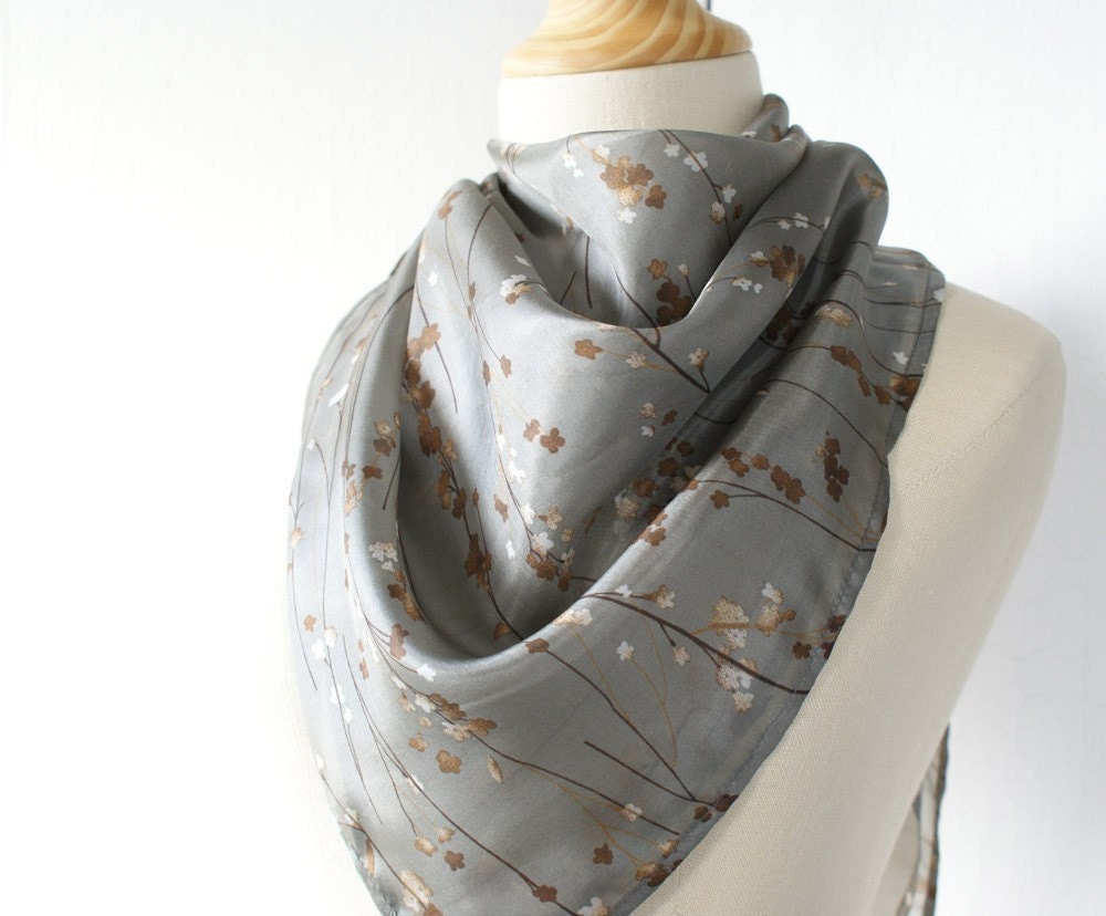 Silk scarf in silver grey with brown print by Thongbai Tatong