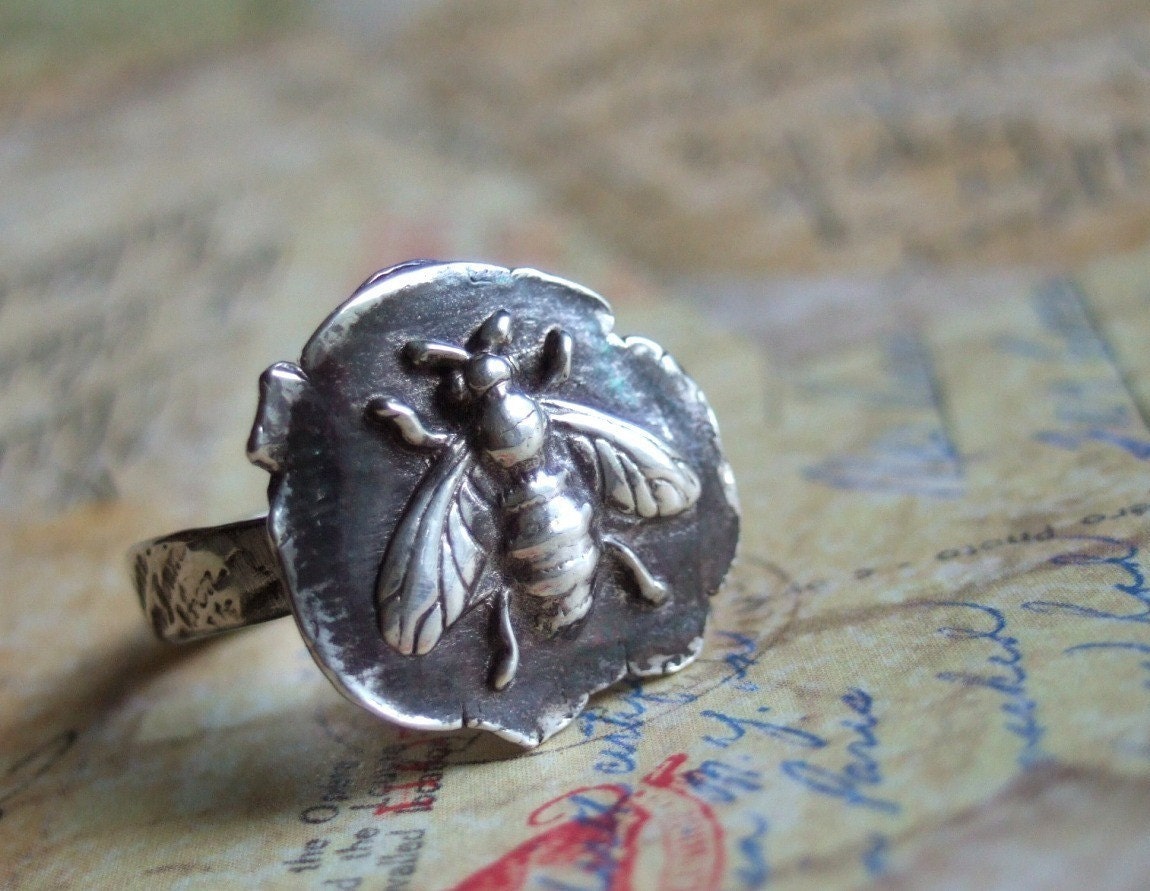 Honey Bee Jewelry, Vintage Wax Seal Stamped Ring, in Fine Silver, Custom Sizes 4 5 6 7 8 9 10 11 12 13 14 15, An Eco Friendly Gift for Her