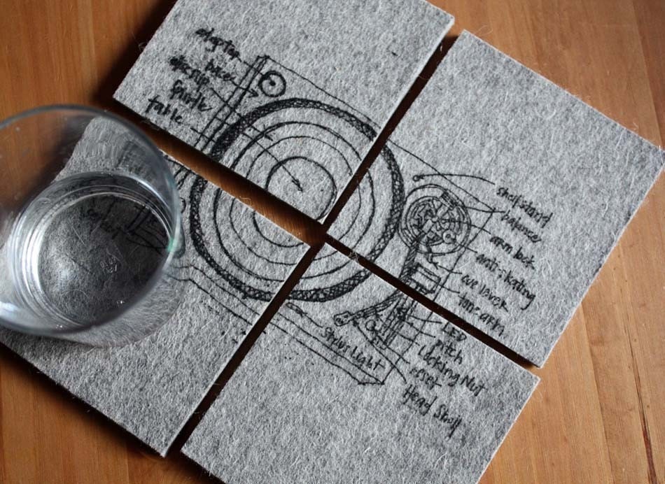 turntable diagram coasters - industrial felt, set of four