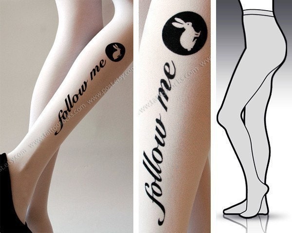 s/m sexy white follow me RABBIT version tattoo FULL LENGTH  tights / stockings / pantyhose / nylons