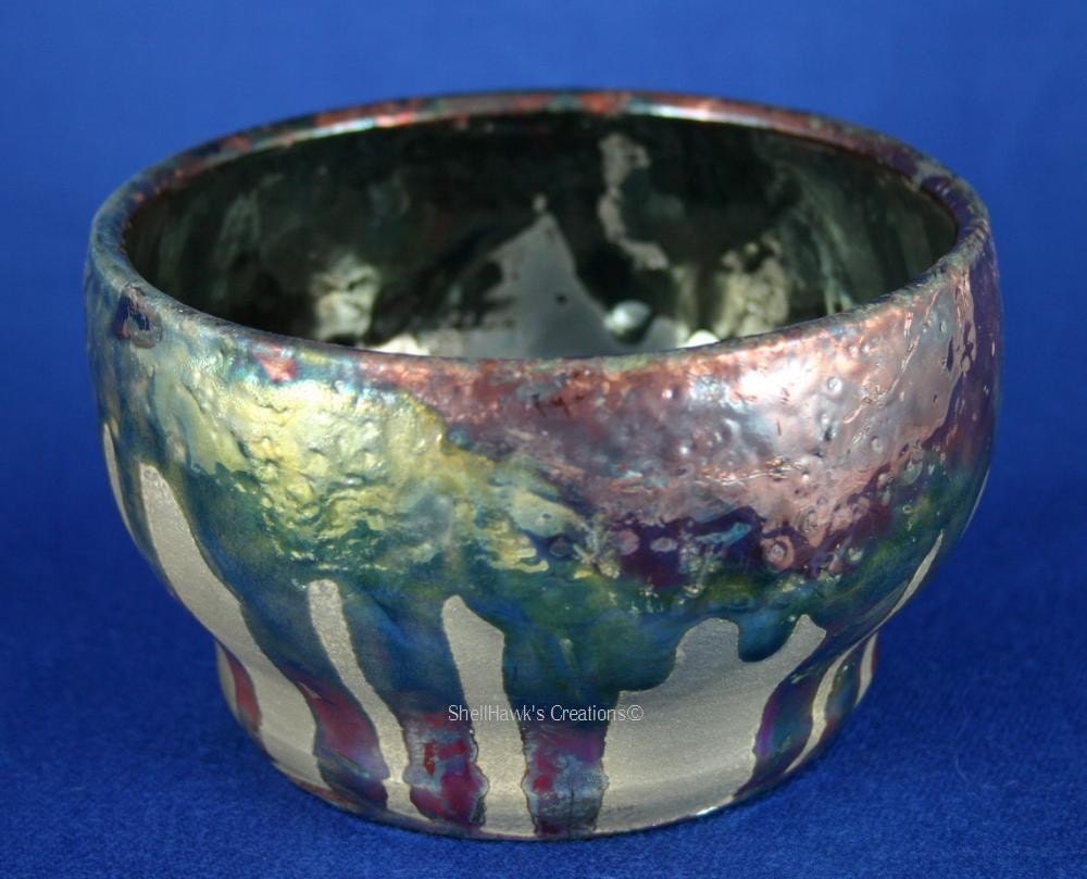 Metallic Blue and Copper Raku Bowl Hand-Thrown Ceramic Pot