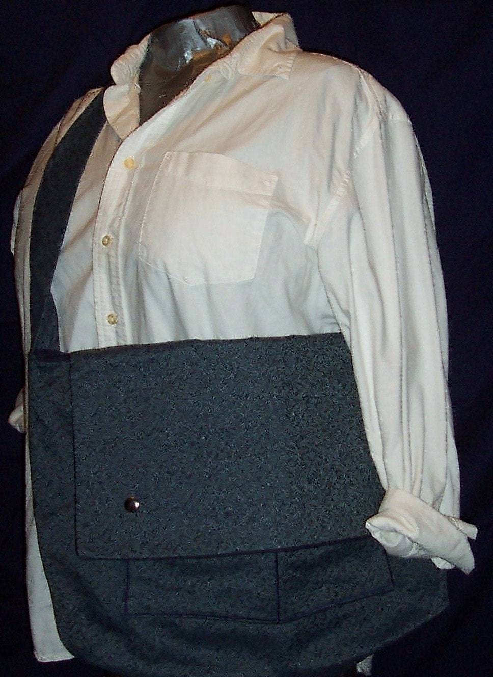Heather Baby Bag in Blue and Navy Abstract Upholstery Fabric and a heavy navy cotton lining