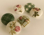 Fabric Buttons - Green Garden - 6 Small Beige, Pink Floral, Rose and Gingham Fabric Covered Buttons