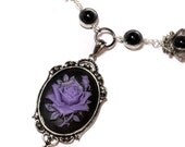 Steampunk Goth Jewelry - Necklace - Black and Purple Rose Cameo -  Black Onyx