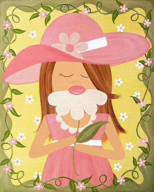 Sweet Child w/ Hat & Flower Kids Wall Art for Kids Room Art - Girls Kids Art Prints from Original Kids Paintings by TwoLittleWitches