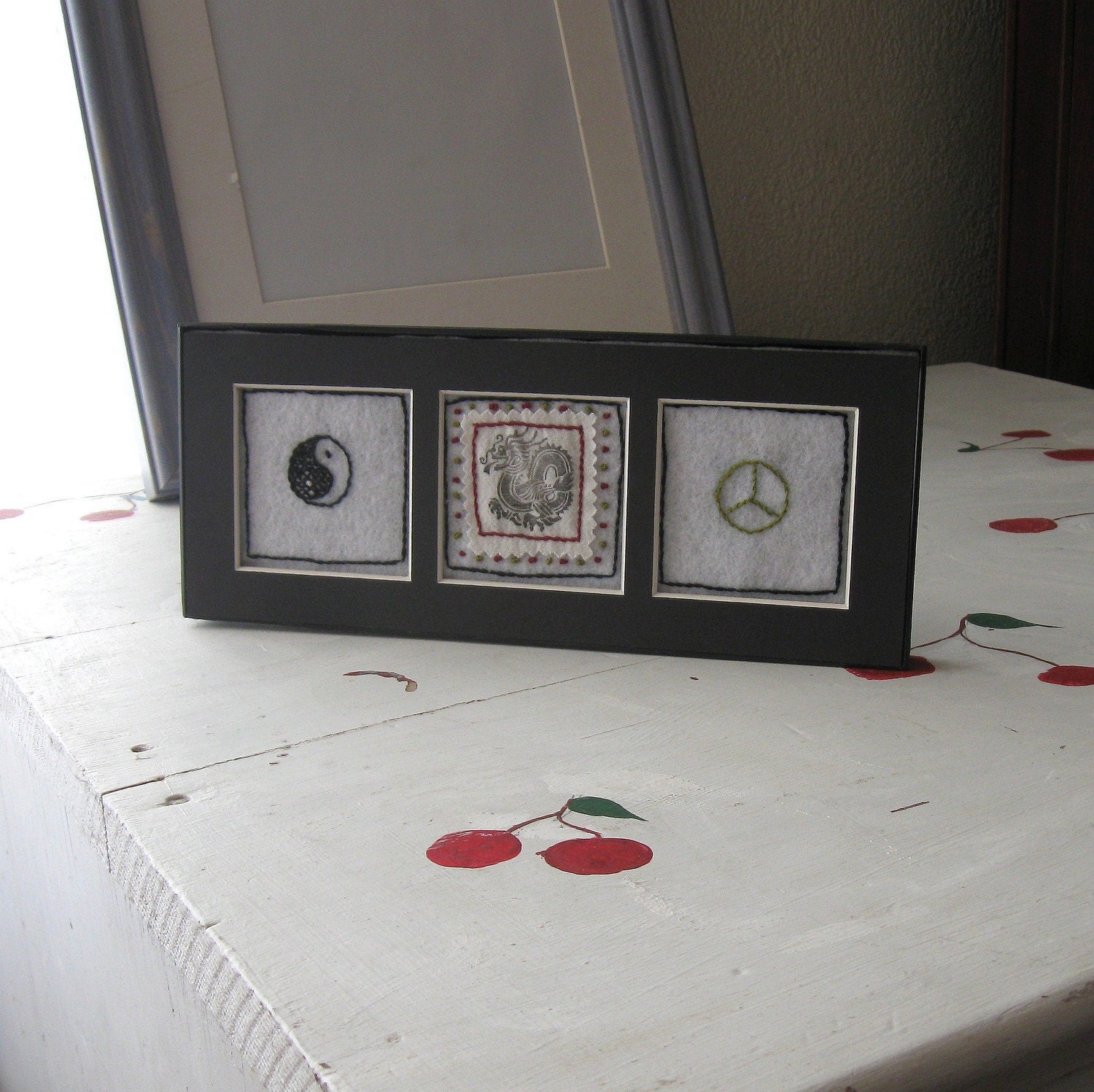 FRAMED ART EMBROIDERY "Here There Be Dragons" Ooak