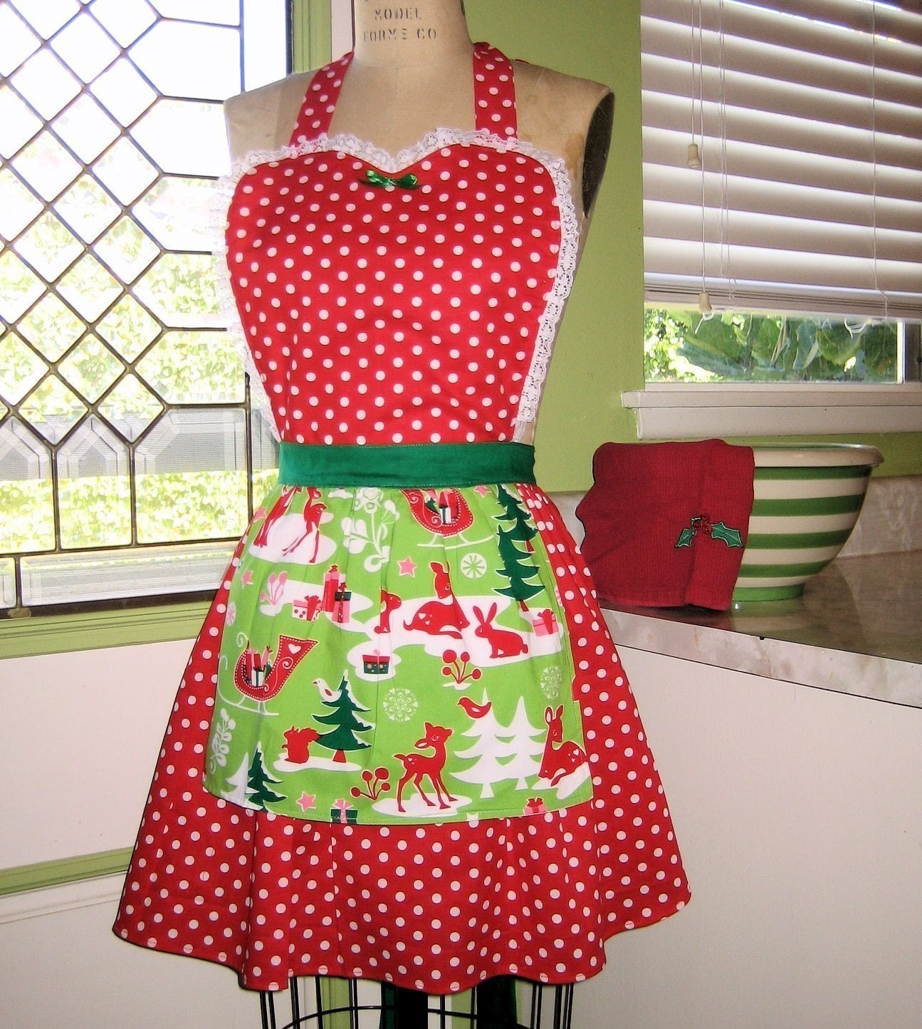 Retro Christmas Apron with DEER print 50s RED polka dots full APRON make a sexy flirty hostess and is vintage inspired
