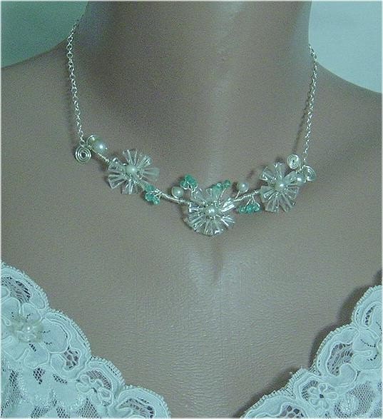 Aquamarine Apatite Cultured Pearl and Sterling Silver Floral Wire Wrapped Necklace