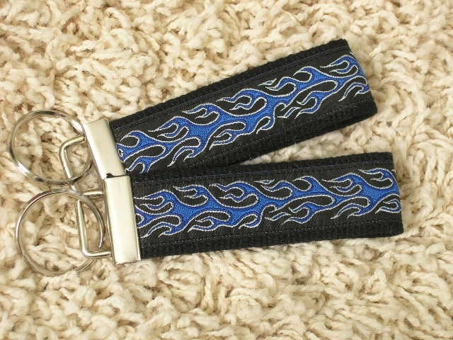 CLEARANCE SALE Black with Blue & Silver Flames Keychain Key Fob - SugarKitty