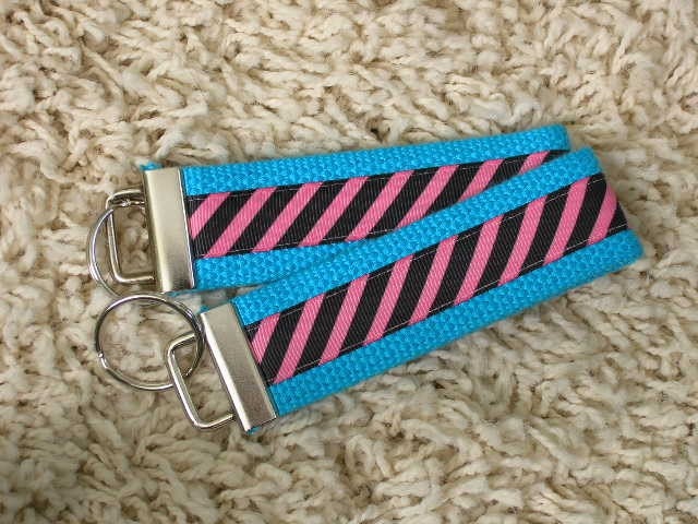 CLEARANCE SALE Blue with Pink & Black Diagonal Stripes Keychain Key Fob - SugarKitty
