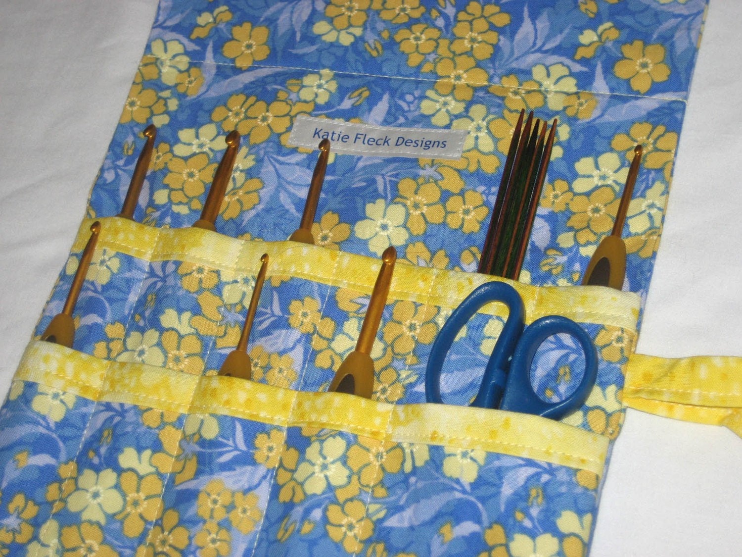 Crochet Hook Roll, Blue Yellow Floral