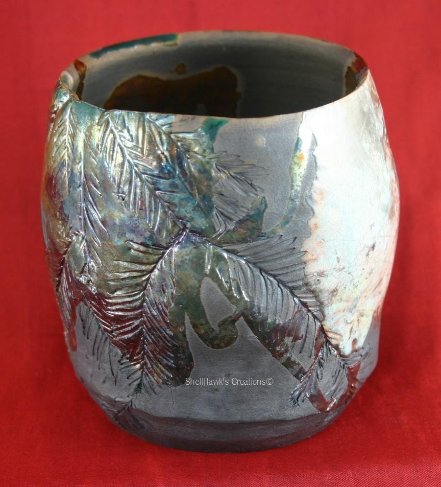 Aqua, Metallic Copper and Green Redwood Leaf Pattern Raku Vase