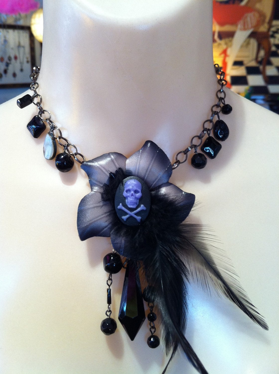 Black Leather Flower Skull and Crossbones Cameo Choker "Man Eater"