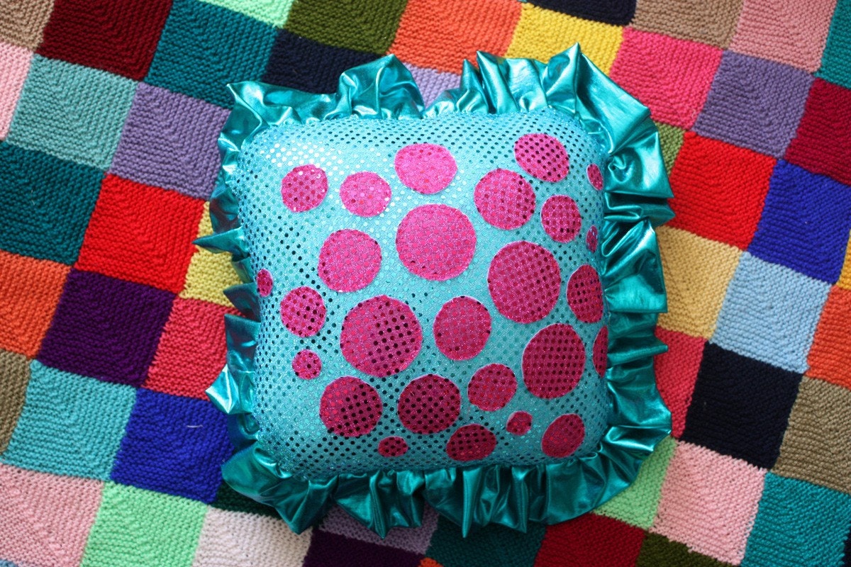 METALLIC blue hot pink SEQUIN Kitsch Cushion Pillow