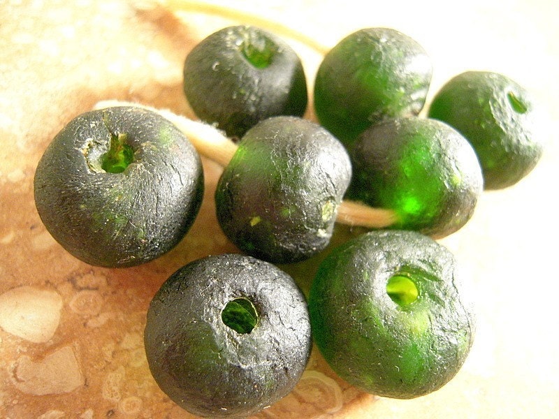 8 African Green Glass Beads, 15-18mm, Dark Green African Recycled Glass Beads