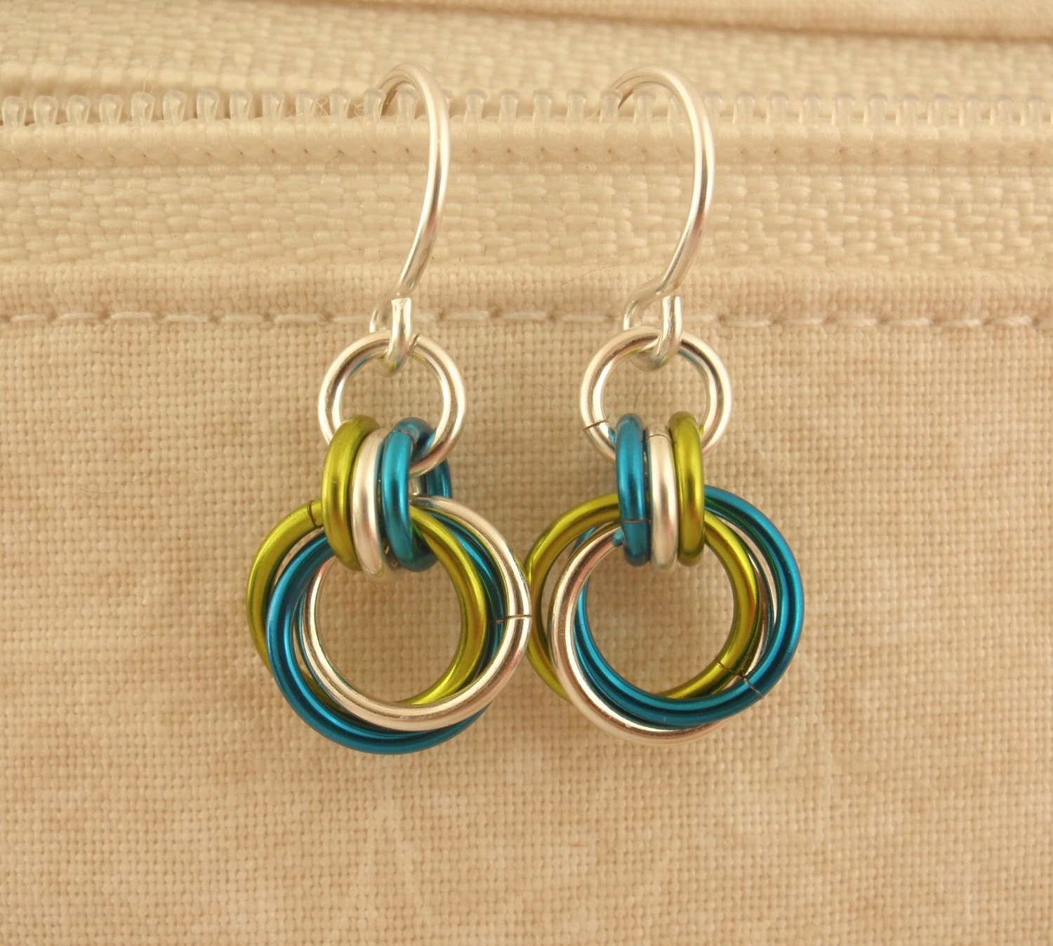 Sterling Silver, Blue and Green Earrings - Single Linked Loops II - Ready to Ship
