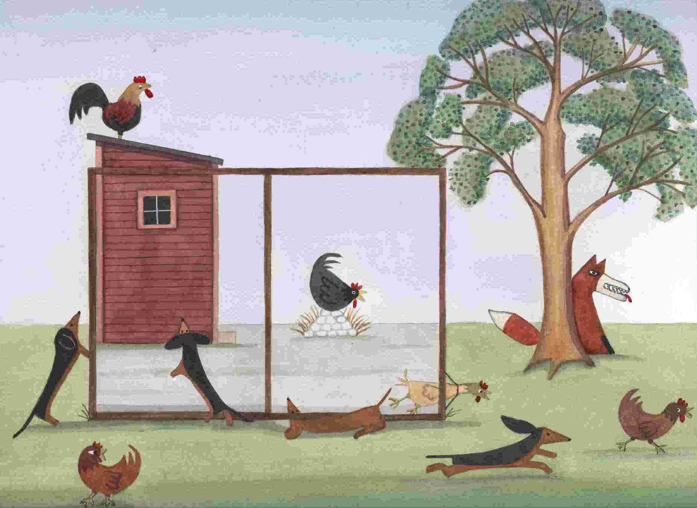 Dachshunds (doxies) chasing chickens and roosters / Lynch signed folk art print