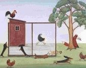 Dachshunds (doxies) chasing chickens and roosters / Lynch signed folk art print