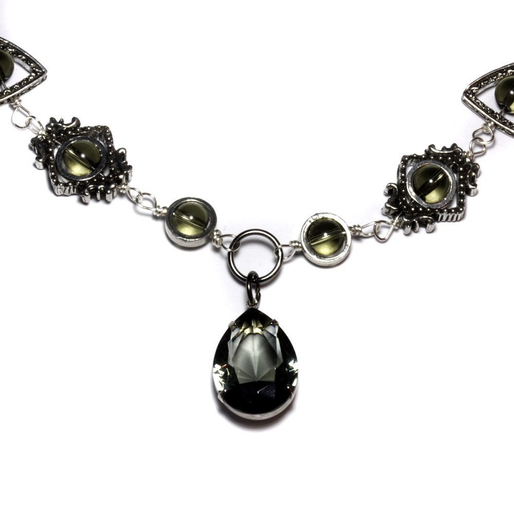 Steampunk Jewelry - Necklace - Grey Black Diamond Pear Shape Faceted Supreme Quality Diamond Cut Glass Gem Stone Jewel