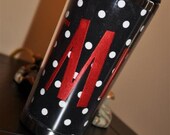 Personalized Embroidered Coffee Mug Travel Beverage Tumbler Stainless Steel BLACK and WHITE polka DOT