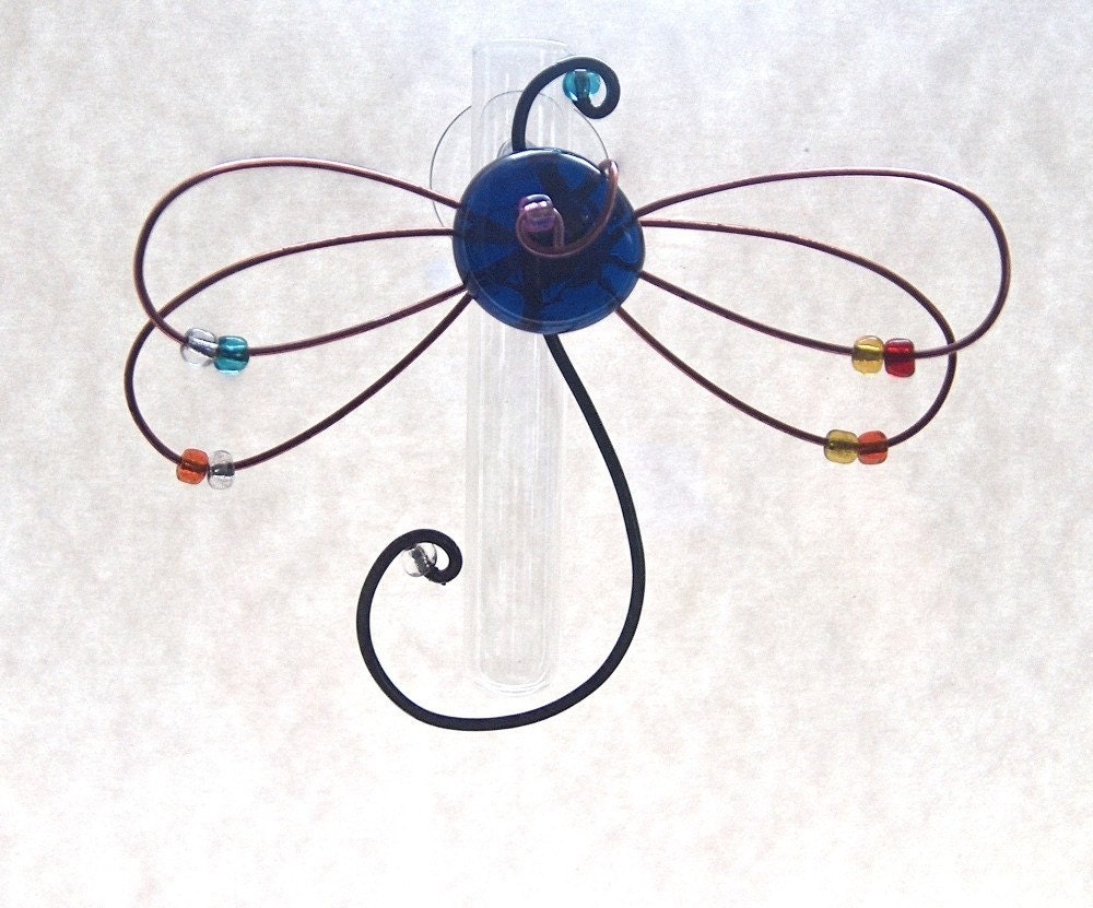 Blue Dragonfly Suction Window  Hanging Glass Flower Vase Bud Vase