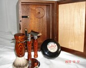 Shaving Kit Set, Custom Crafted Walnut with Maple Insert Lid, Lift Out Felt Lined Tray, Double Edged Razor, Silvertip Badger Fan Brush, Chrome Stand Holder, Coordinated Exotic Kingwoods, and Personalized Engraving