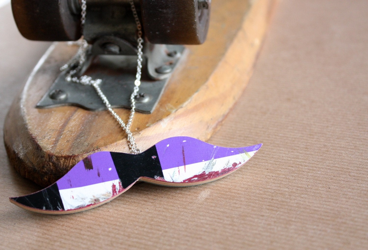 RESERVED FOR MEL Recycled Skateboard Mustache Necklace-Mr. Eco