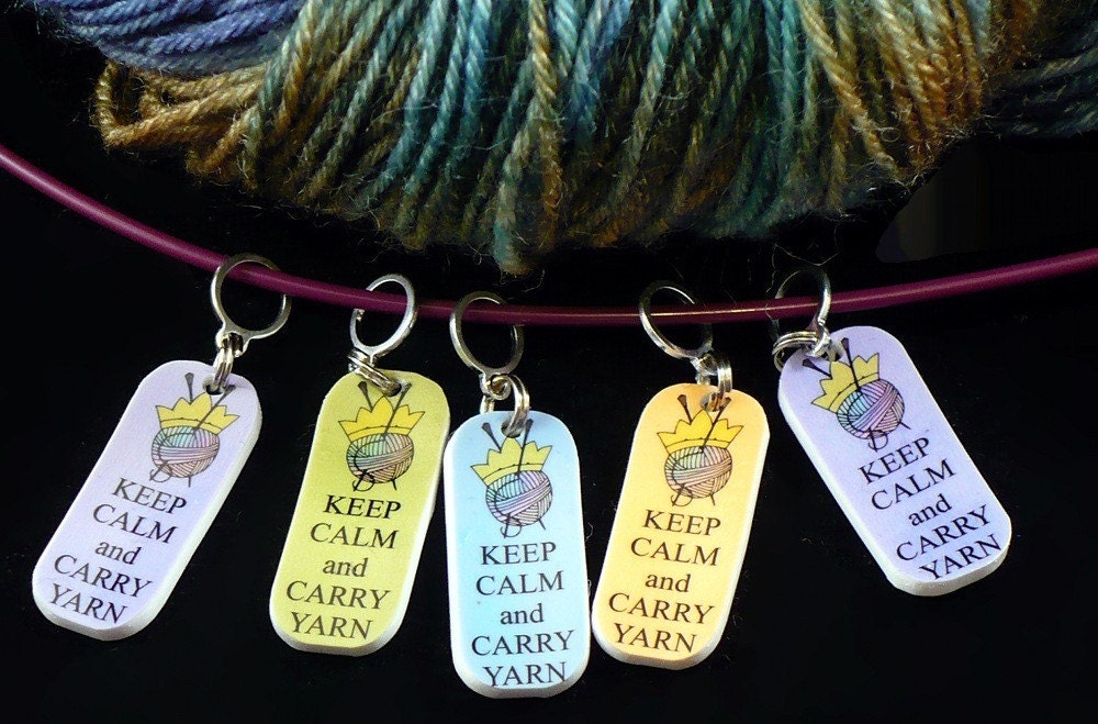 Keep Calm and Carry Yarn set of 5 knitting stitch markers - small size