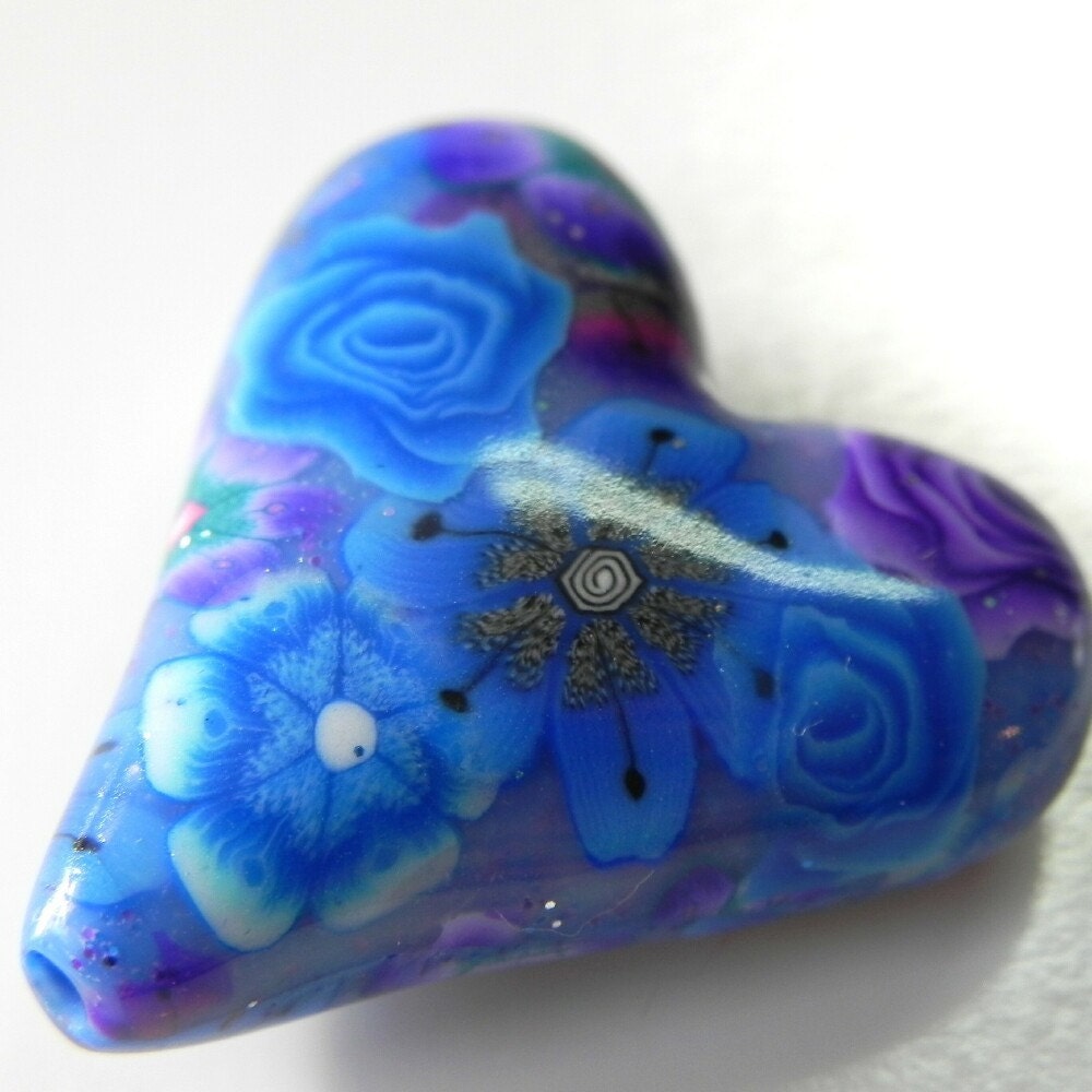 Valentine Heart Bead/Pendant Handmade Heart Shaped Pendant with Purple and Blue Flowers