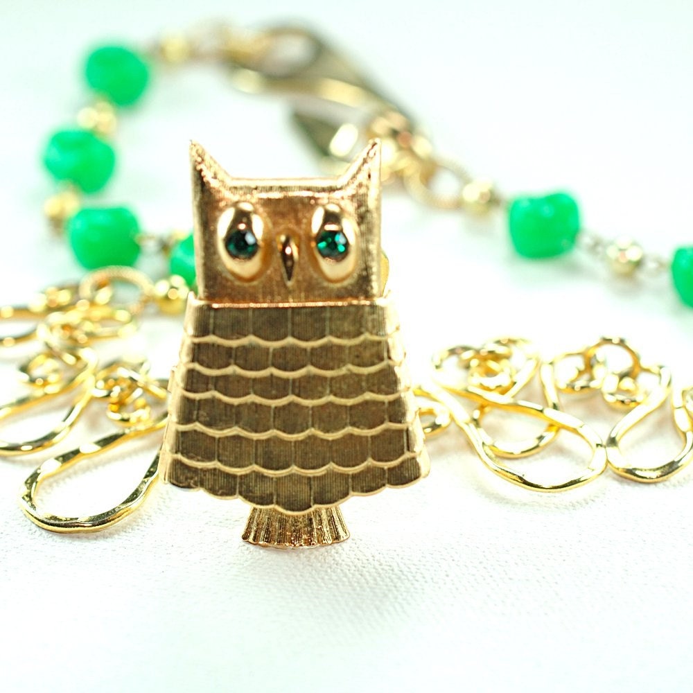 Gold and Green Recycled Owl Statement Necklace