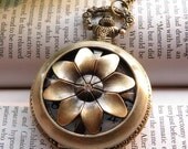 Retro copper round sun flower can whirling with hollow carved pocket watch necklace pendant jewelry vintage style
