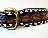 SALE Vintage Hand Tooled Acorns Whisky Brown Genuine Leather Woven JUSTIN LAMA Brass Buckle Belt Size 36