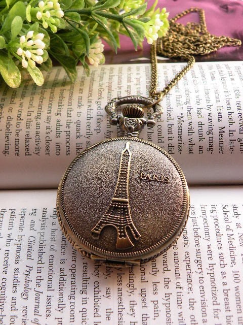 Retro copper paris eiffel tower pattern pocket watch necklace pendant jewelry vintage style