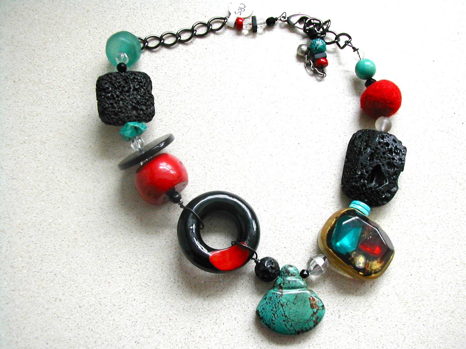 Necklace of Coral, Turquoise, Lava Rock,Recycled Materials One of a Kind