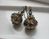 Lichen.  Moss Green and Antiqued Copper Earrings.