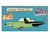 SET OF 4 Cats - Mid Century Modern Suburban Joyride- Blank Inside Greeting Card