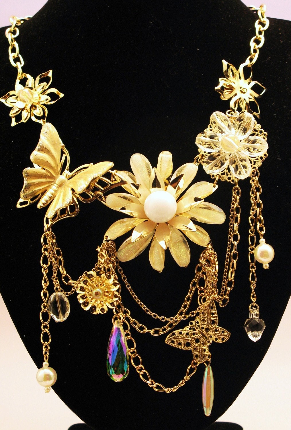 Flowerful Artwear Necklace, Butterflies and dangles  ON SALE NOW