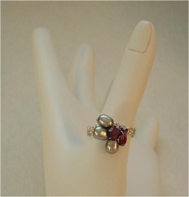 Fire and Ice Woven Fine Silver Ring with Silver Cultured Pearls and Octagon Faceted Garnets Size 8.5