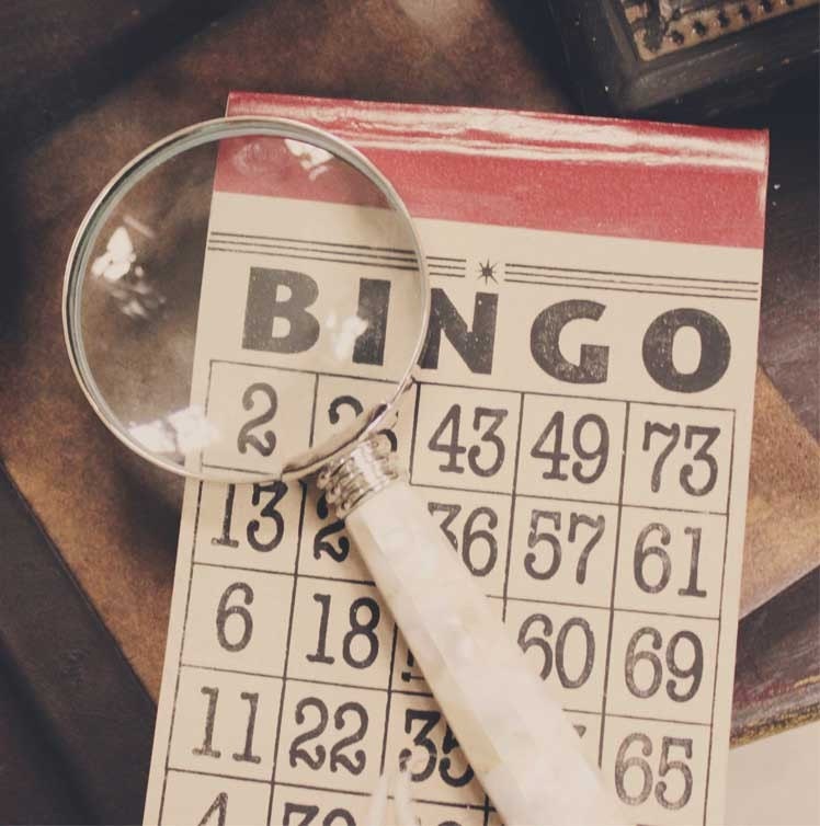 Typography Photography - Bingo Through the Magnifier - Vintage Magnifying Glass Red Black Print (8x8 photo) Library Office Art