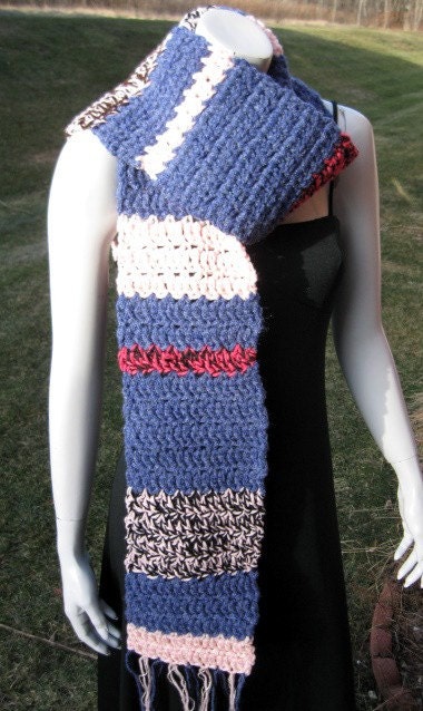 Crochet Striped Scarf, Denim, Brown and Pink Blocks