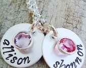 personalized mothers hand stamped sterling silver birthstone necklace.. custom name necklace ... hand stamped charm necklace